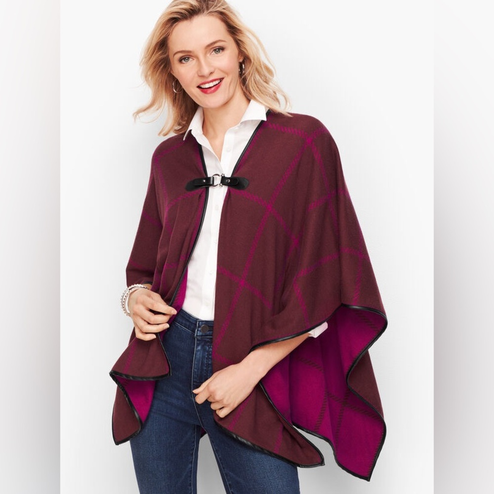 Talbots XS / S Maroon Plaid Ruana Wrap Sweater